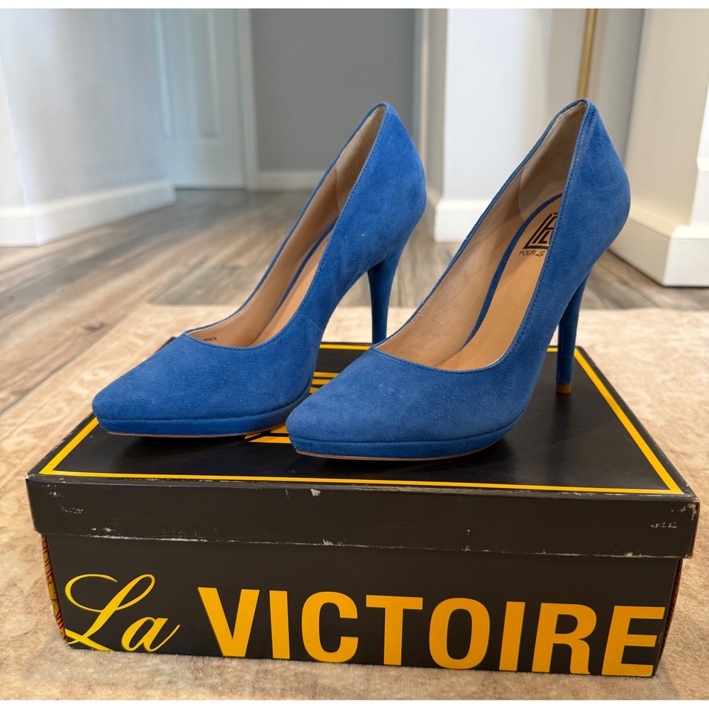 Pour La Victoire Daina Royal Blue Kid Suede Pointed Toe Platform‎ Pumps 5.5 NIB